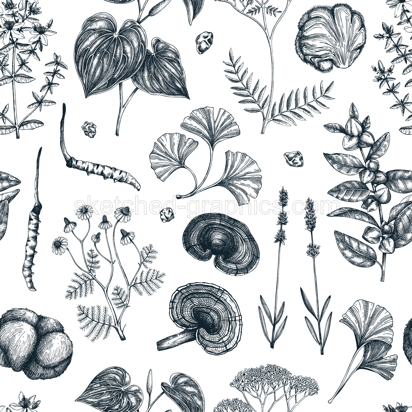 Mental health herbs and mushrooms background. Hand-drawn vector illustrations. Healing plants seamless pattern. Natural remedies, medicinal mushroom sketches Illustration